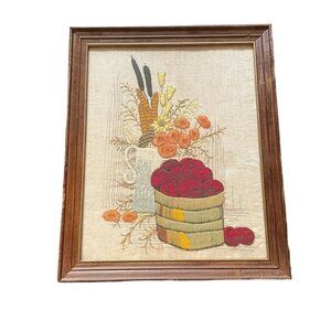 Vintage Framed Needlepoint Completed Embroidery 60 70s Basket of Apples u